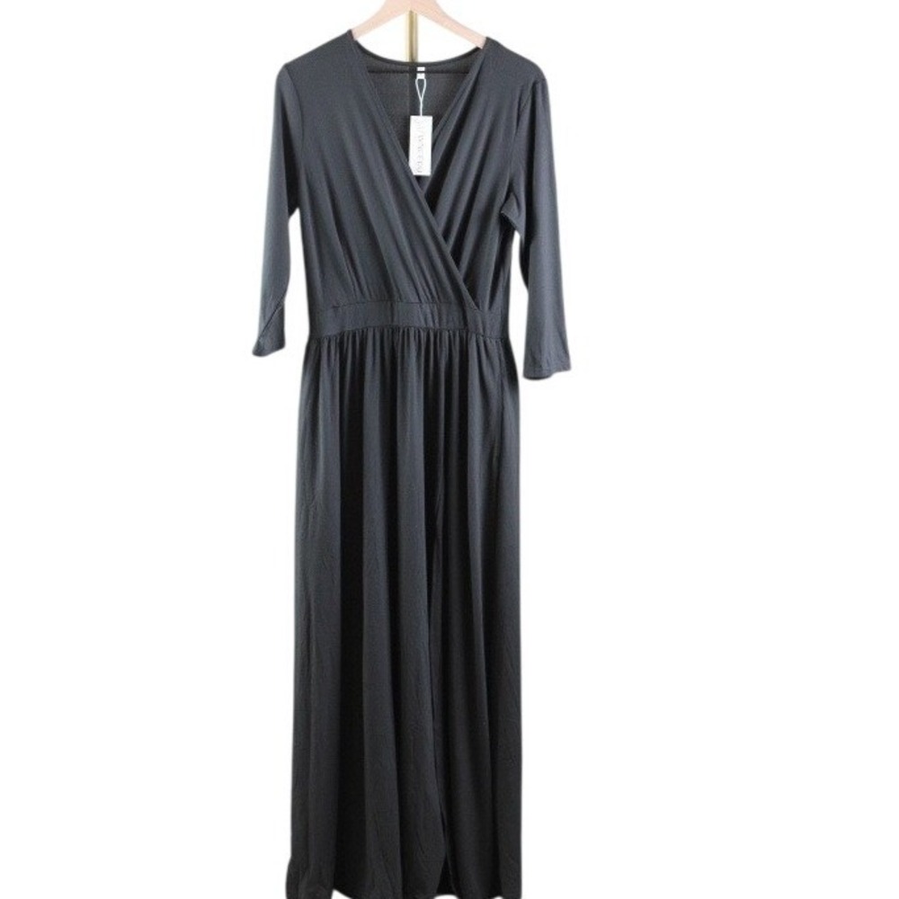 WNEEDU Womens Black V Neck Wrap Maxi Dress Long Sleeve Empire Waist XL NWT